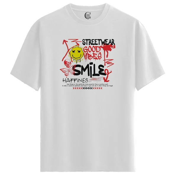 GoodVibes Smile - %100 Pamuklu Erkek Beyaz Tişört - Premium Quality