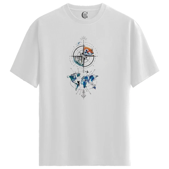 Compass Explorer - %100 Pamuklu Kadın Beyaz Tişört - Premium Quality