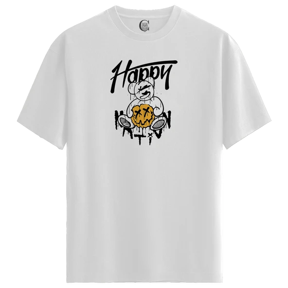 Happy Teddy - %100 Pamuklu Kadın Beyaz Tişört - Premium Quality