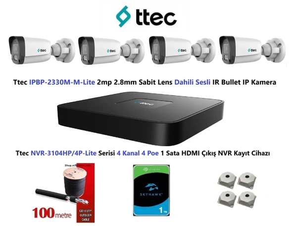 Ttec 2mp Mikrofonlu 4 Kameralı 1TB Disk Tak Çalıştır Hazır IP Kamera Seti ürün görseli 1