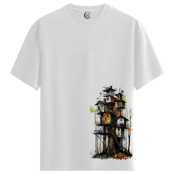 Treehouse Haven - %100 Pamuklu Kadın Beyaz Tişört - Premium Quality