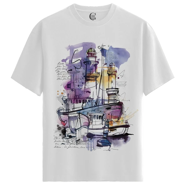 Abstract Harbor - %100 Pamuklu Kadın Beyaz Tişört - Premium Quality ürün görseli