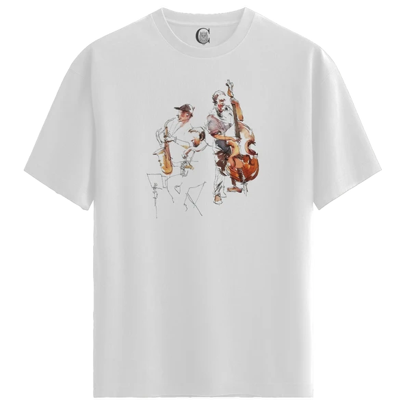 Jazz Duo - %100 Pamuklu Kadın Beyaz Tişört - Premium Quality