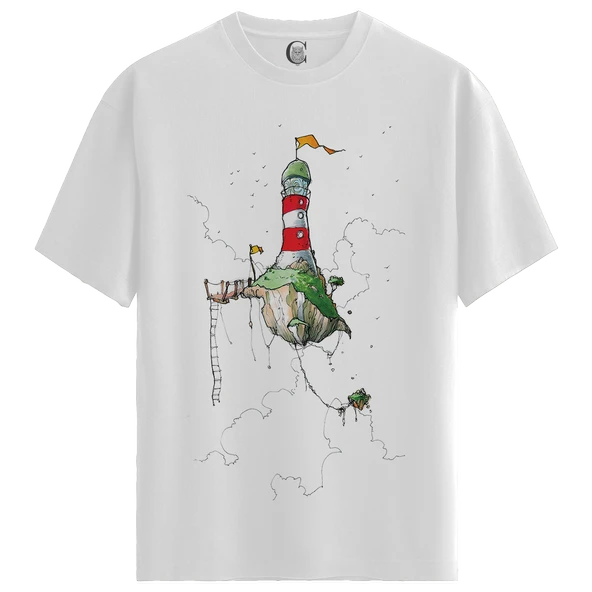 Floating Lighthouse - %100 Pamuklu Erkek Beyaz Tişört - Premium Quality ürün görseli
