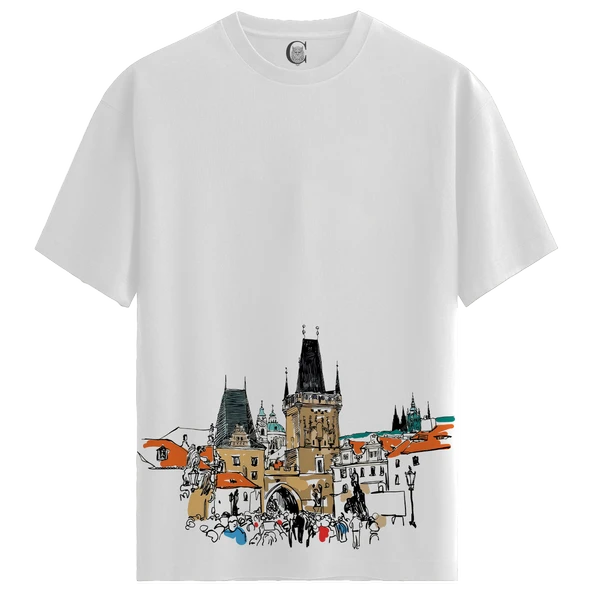 Prague Tower - %100 Pamuklu Erkek Beyaz Tişört - Premium Quality - 1