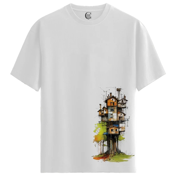 Treehouse City - %100 Pamuklu Erkek Beyaz Tişört - Premium Quality
