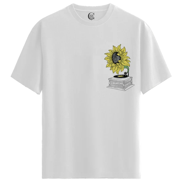 Sunflower Vinyl - %100 Pamuklu Erkek Beyaz Tişört - Premium Quality