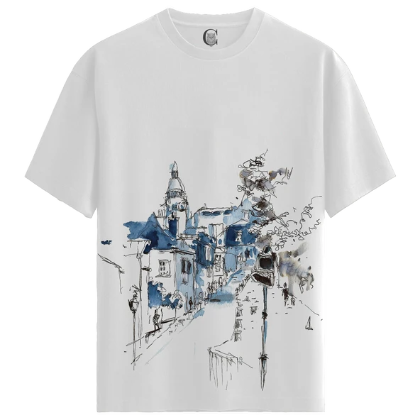 Blue Cityscape - %100 Pamuklu Kadın Beyaz Tişört - Premium Quality ürün görseli