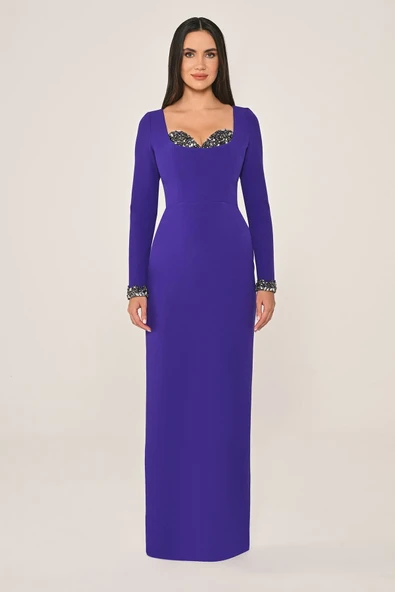 Alfa Beta Göğüs ve Kolu işlemeli Dar Kesim Krep Uzun Abiye Elbise - Resim 9