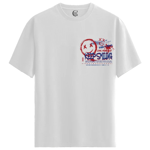Keep Smiling - %100 Pamuklu Erkek Beyaz Tişört - Premium Quality