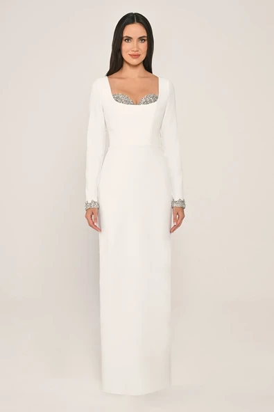 Alfa Beta Göğüs ve Kolu işlemeli Dar Kesim Krep Uzun Abiye Elbise - Resim 5