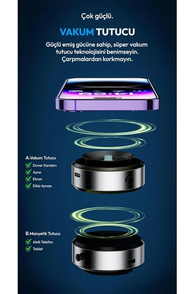 QASUL Universal Süper Manyetik Vakum Araç İçi Telefon Tutucu, Masaüstü, Duvar, Ayna - 3