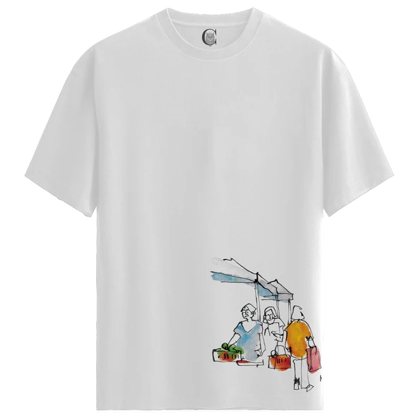 Market Scene - %100 Pamuklu Kadın Beyaz Tişört - Premium Quality ürün görseli