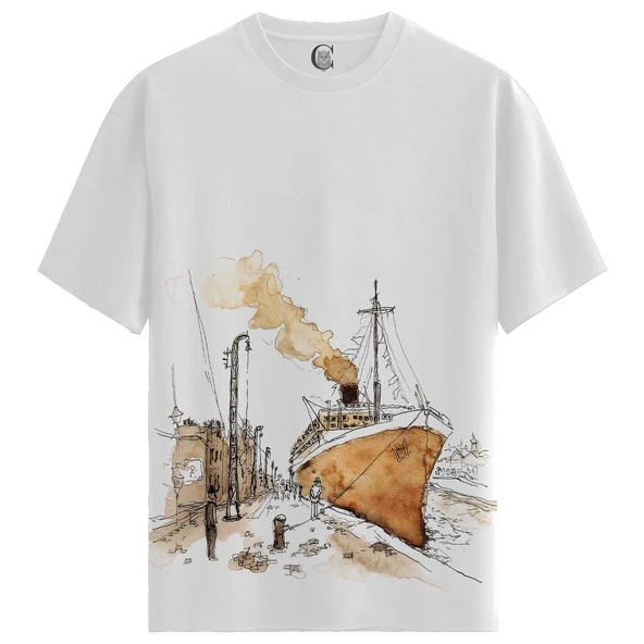 Vintage Ship - %100 Pamuklu Erkek Beyaz Tişört - Premium Quality