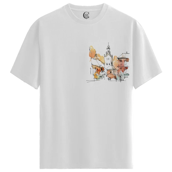 Watercolor Cityscape - %100 Pamuklu Erkek Beyaz Tişört - Premium Quality ürün görseli