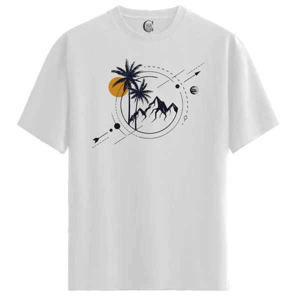 Geometric Tropical - %100 Pamuklu Kadın Beyaz Tişört - Premium Quality