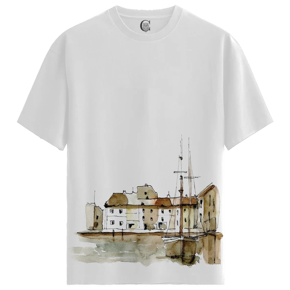 Harbor Town - %100 Pamuklu Kadın Beyaz Tişört - Premium Quality ürün görseli 1