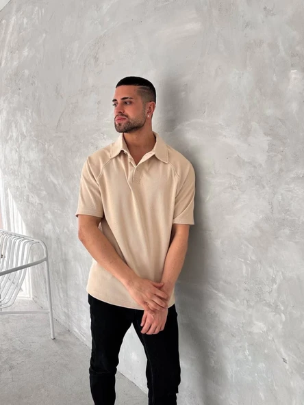 Yakalı Patlı Kısa Kol T-shirt - Bej - 3