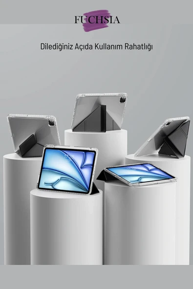 iPad Air 13 inç 2025 M3 Çip Uyumlu Kalem Bölmeli Standlı Akıllı Fuchsia Trifolding Tablet Kılıfı - Resim 11