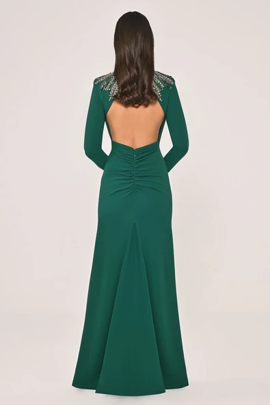 Alfa Beta Uzun Kollu Sırt Dekolteli Krep Uzun Abiye Elbise - 10