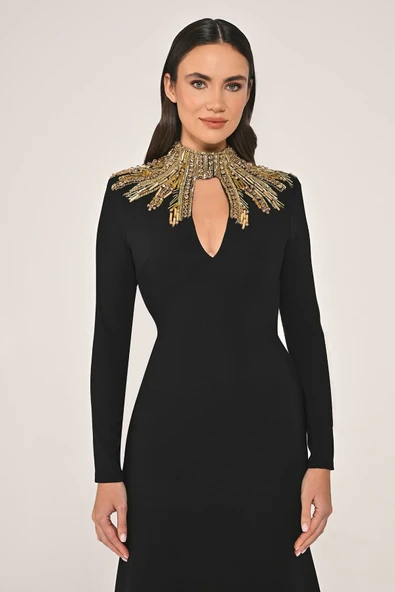 Alfa Beta Uzun Kollu Sırt Dekolteli Krep Uzun Abiye Elbise - 12