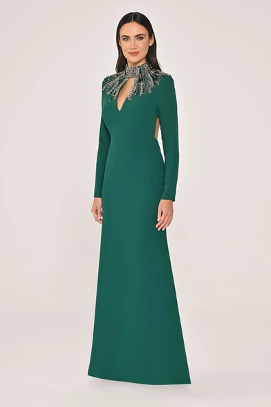 Alfa Beta Uzun Kollu Sırt Dekolteli Krep Uzun Abiye Elbise - 19