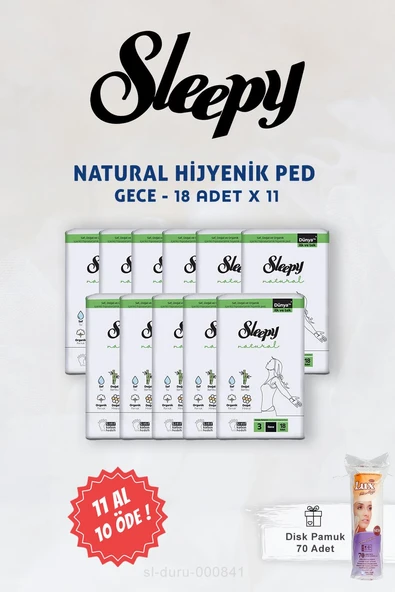 Sleepy Natural Ultra Hijyenik Ped 11 AL 10 ÖDE Gece 18 li ve Disk Pamuk 70 li ürün görseli