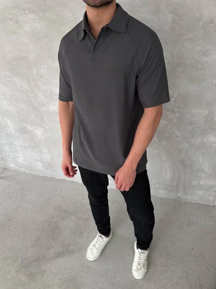 Yakalı Patlı Kısa Kol T-shirt - Antrasit - 2