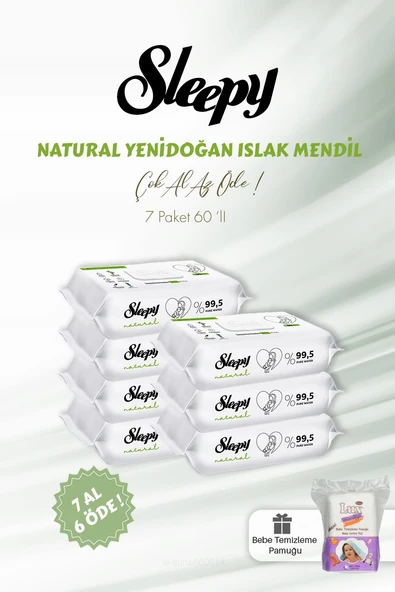 Sleepy Natural Yenidoğan Islak Bebek Havlusu 7 AL 6 ÖDE 60'lı ve Bebe Pamuğu