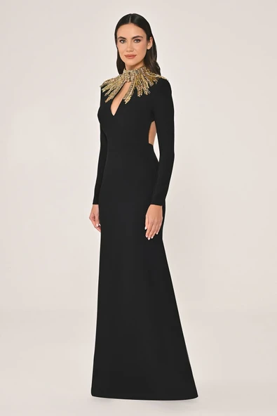 Alfa Beta Uzun Kollu Sırt Dekolteli Krep Uzun Abiye Elbise - 14