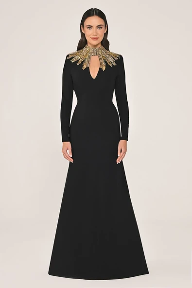 Alfa Beta Uzun Kollu Sırt Dekolteli Krep Uzun Abiye Elbise