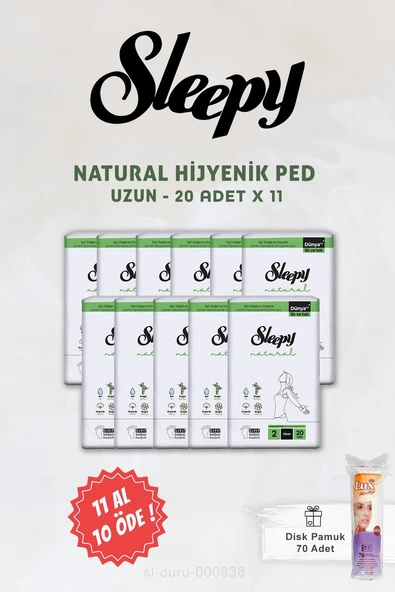 Sleepy Natural Ultra Hassas Hijyenik Ped Uzun 20 Adet 11 AL 10 ÖDE ve Disk Pamuk ürün görseli