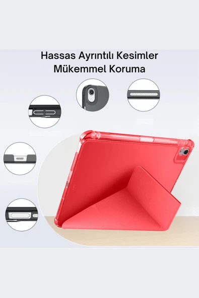 iPad Air 13 inç 2025 M3 Çip Uyumlu Kalem Bölmeli Standlı Akıllı Fuchsia Trifolding Tablet Kılıfı - Resim 5