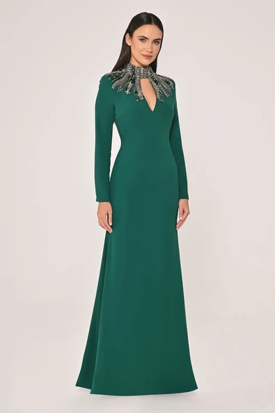 Alfa Beta Uzun Kollu Sırt Dekolteli Krep Uzun Abiye Elbise - 18