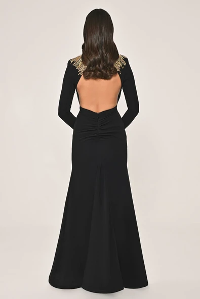 Alfa Beta Uzun Kollu Sırt Dekolteli Krep Uzun Abiye Elbise - 5