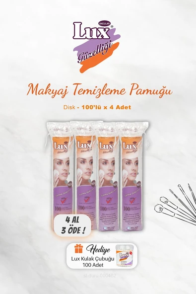 4 AL 3 ÖDE Lux Disk Makyaj Pamuğu 100'lü, Kulak Çubuğu Hediyeli ürün görseli
