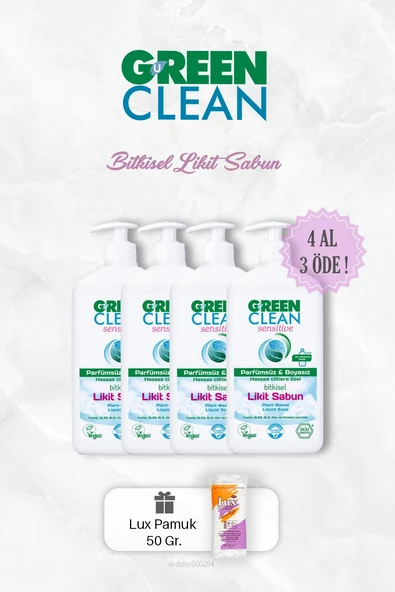 Green Clean Bitkisel Likit Sabun Sensitive 500 ml 4 AL 3 ÖDE ve 50 Gr Pamuk ürün görseli