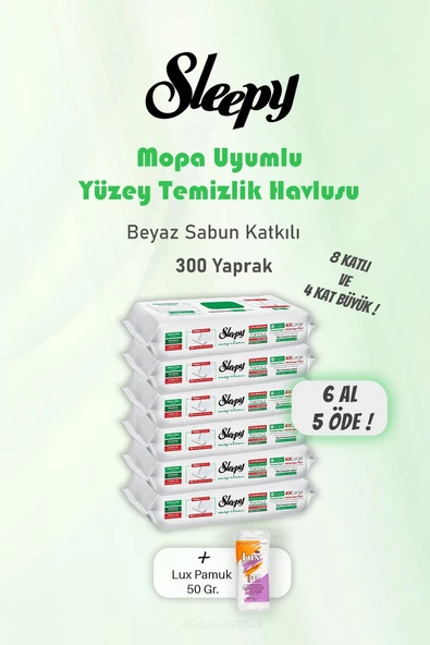 Sleepy 300 Yaprak 6 AL 5 ÖDE Beyaz Sabunlu Yer Temizlik Havlusu ve Pamuk