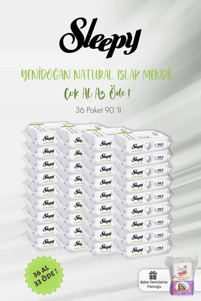 Sleepy 36 AL 33 ÖDE Natural Yenidoğan Islak Mendili 90 Adet ve Bebek Pamuğu 60 Adet ürün görseli