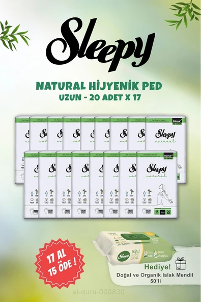 Sleepy Natural Uzun Hijyenik Ped 20 Adet 17 AL15 ÖDE ve 50 li Doğal Islak Mendil ürün görseli