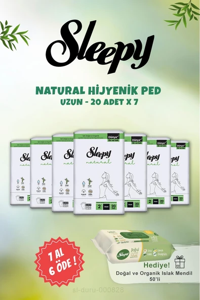 Sleepy Natural Uzun 7 AL 6 ÖDE Ultra Hijyenik Ped 20 Adet ve Organik Islak Mendil 50 li ürün görseli
