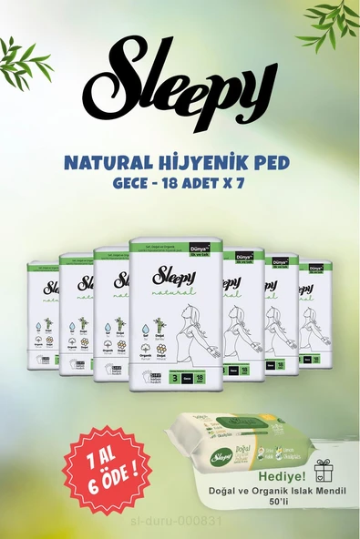 7 AL 6 ÖDE Sleepy Natural Gece Hassas Hijyenik Ped 18 Adet ve 50 li Doğal Islak Mendil ürün görseli
