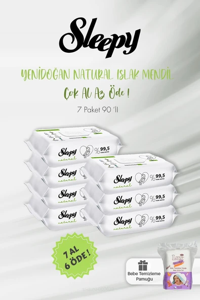 Sleepy 7 AL 6 ÖDE Natural Yenidoğan Islak Mendili 90 Adet ve Bebek Pamuğu ürün görseli
