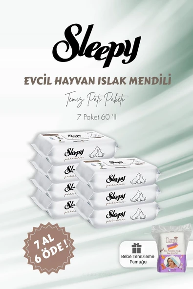 Sleepy 7 AL 6 ÖDE Evcil Hayvan Islak Havlusu 60'lı ve Bebe Temizleme Pamuğu ürün görseli