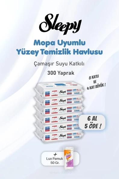 Sleepy Yüzey Temizlik Havlusu Çamaşır Suyu Katkılı 6 AL 5 ÖDE 300 Yaprak ve Pamuk