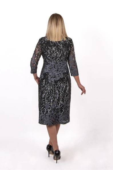 Ezze V Yaka Uzun Kollu Pullu Abiye Elbise 25YEZ2292 - Resim 3