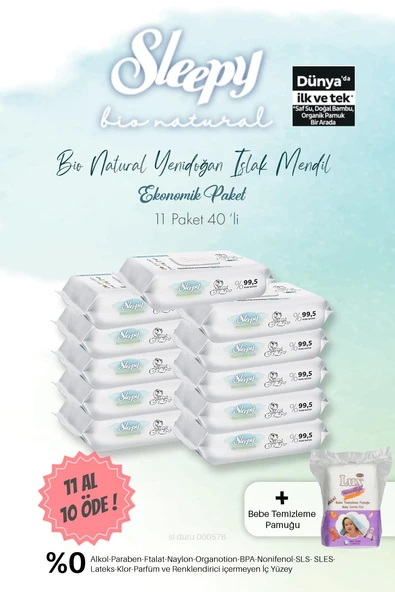 Sleepy Bio Natural Islak Havlu 40'lı  11 AL 10 ÖDE ve Bebe Temizleme Pamuğu