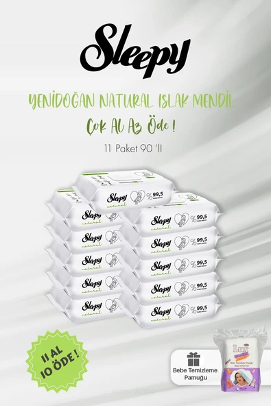 11 AL 10 ÖDE Sleepy Natural Yenidoğan Islak Mendili 90 Adet ve Bebek Pamuğu ürün görseli