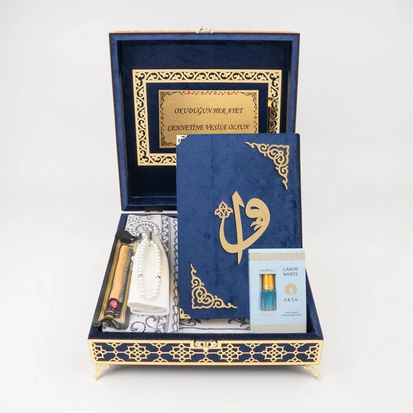 Kuran + Seccade + Tesbih + Takke + Misvak + Esans Hediye Seti (Orta Boy, Raşel Kare Kutu, Lacivert) - Resim 3