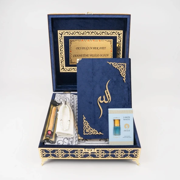 Kuran + Seccade + Tesbih + Takke + Misvak + Esans Hediye Seti (Orta Boy, Raşel Kare Kutu, Lacivert) ürün görseli 1